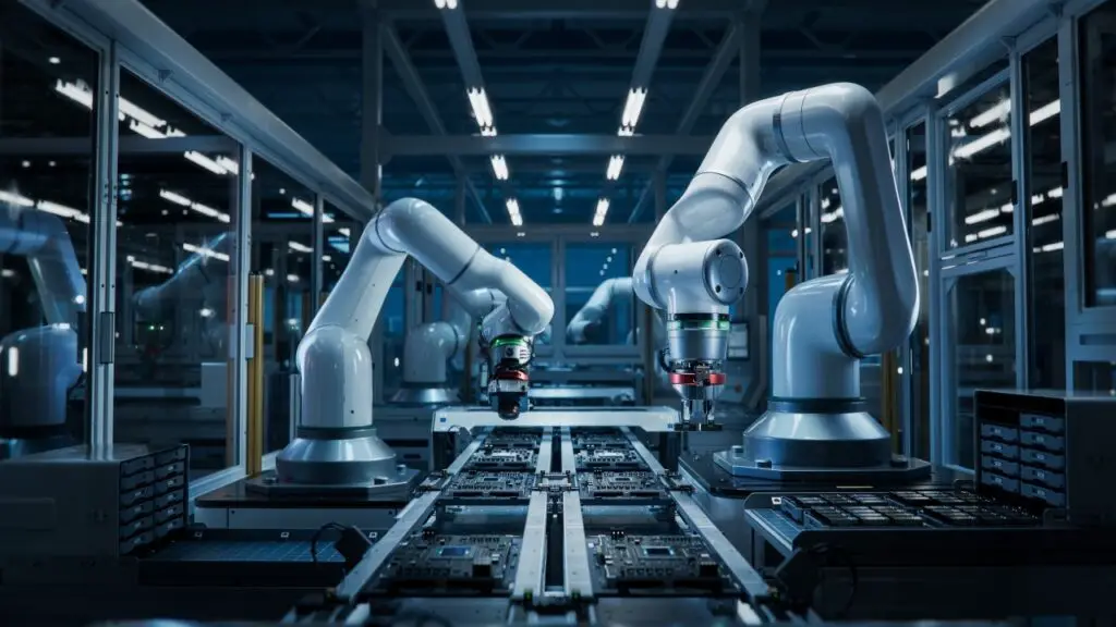 AI-powered robotic arm in an automated factory setting.