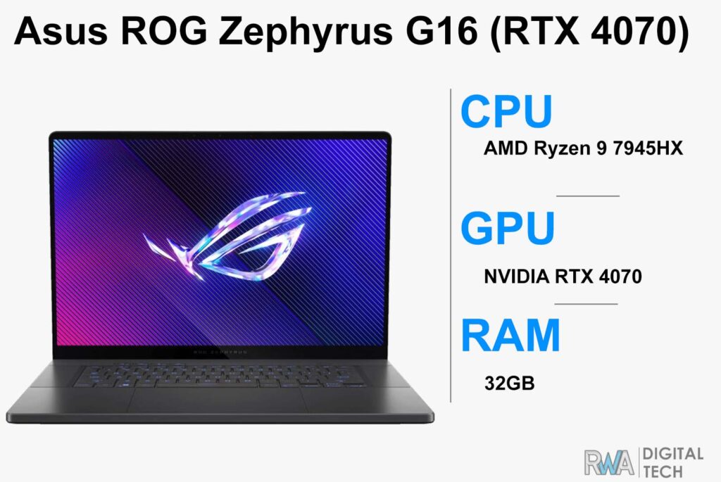 Asus ROG Zephyrus G16 with RTX 4070, best budget AI and machine learning laptop.