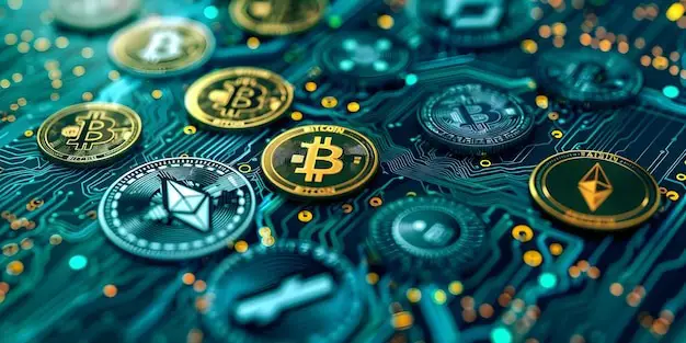 Blockchain network concept with digital financial transactions.