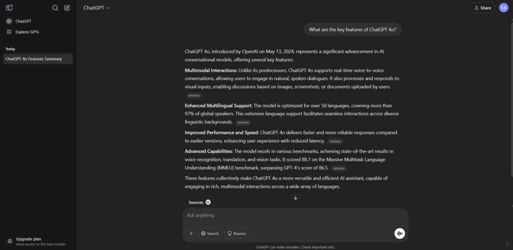 Screenshot of the ChatGPT platform showcasing its chat interface and features.