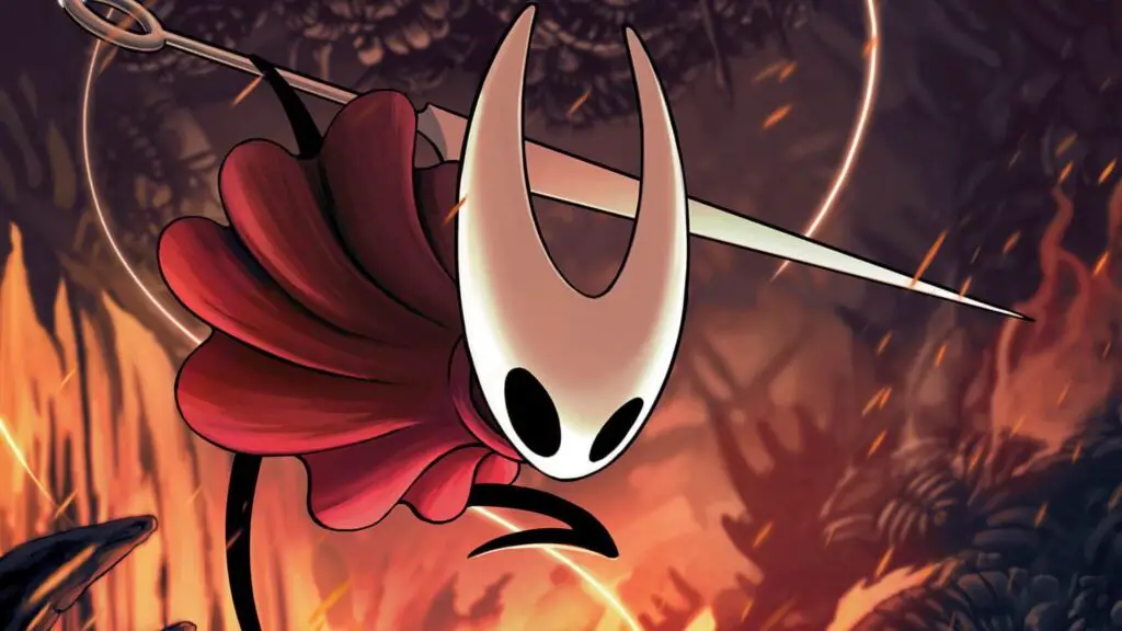 Hollow Knight Silksong protagonist Hornet in a dark landscape.