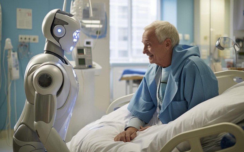 Humanoid robot assisting an elderly patient in a healthcare facility in 2025.