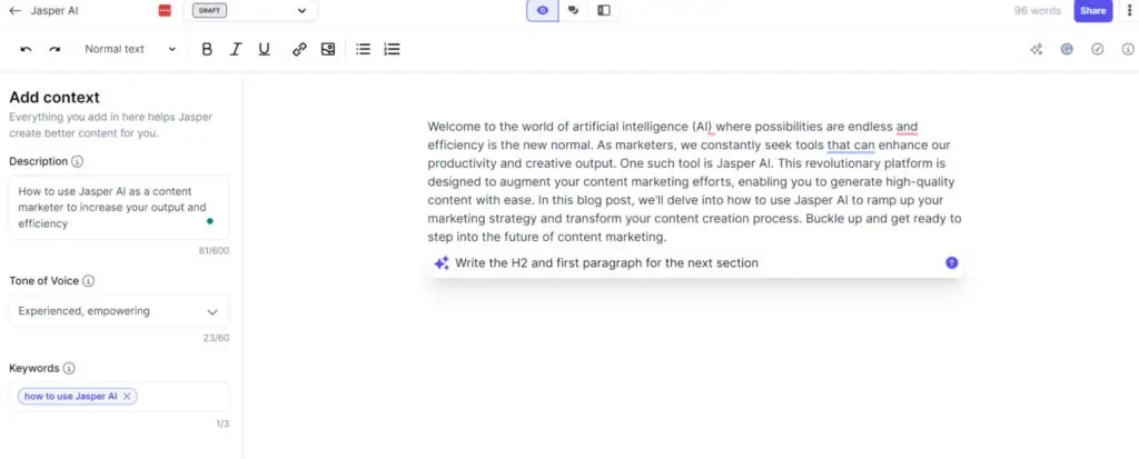 Jasper AI generating high-quality content using artificial intelligence.