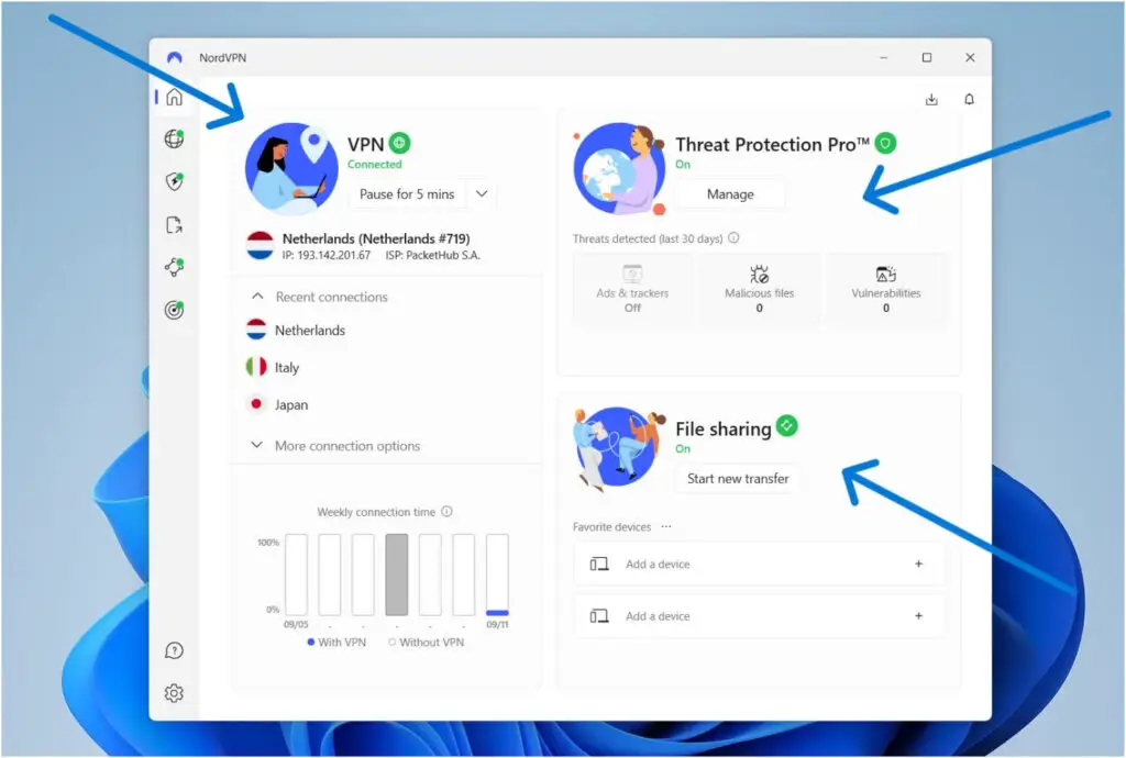 NordVPN security features and dashboard in 2025.