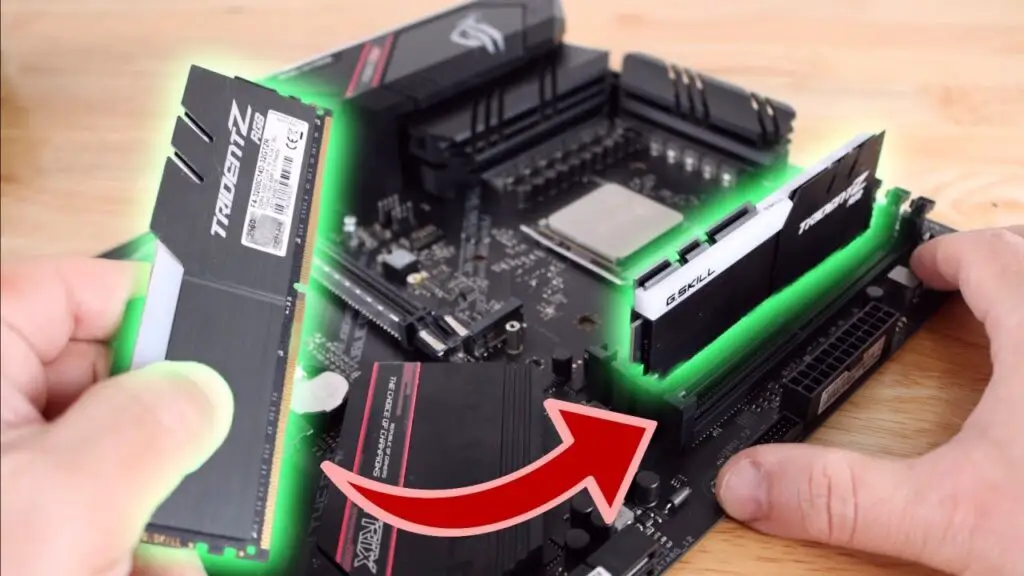 A user installing additional RAM into a PC motherboard.