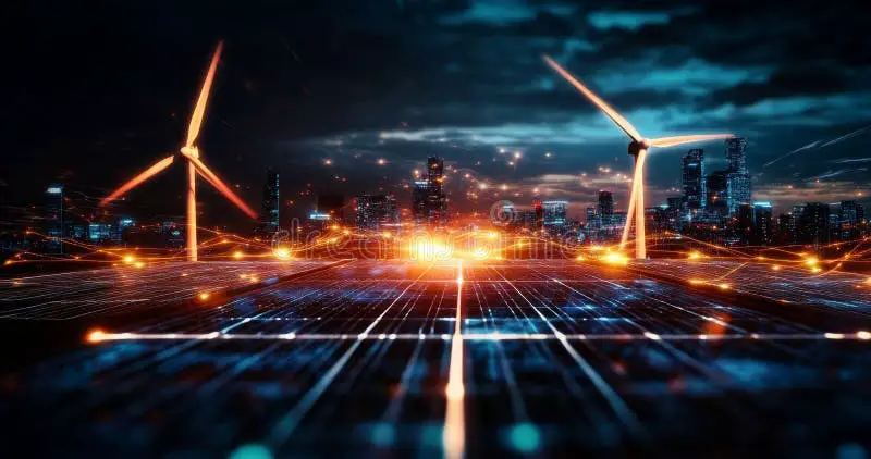 Solar panels and wind turbines powering a futuristic city.