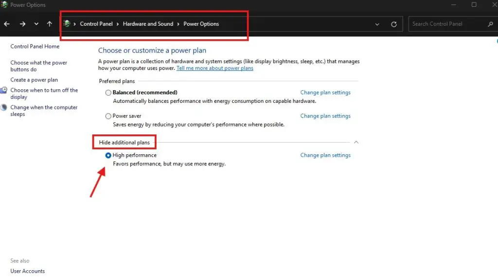Windows Power Options set to High Performance mode.