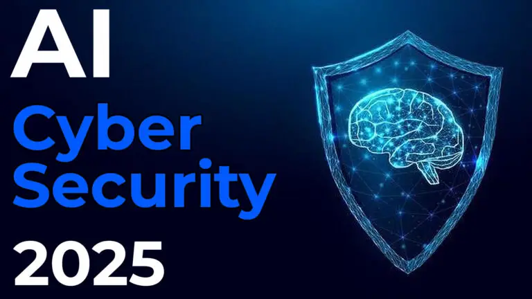 AI-powered cybersecurity concept with a digital shield and neural network in 2025.