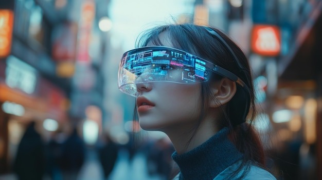User navigating a city using AR glasses.