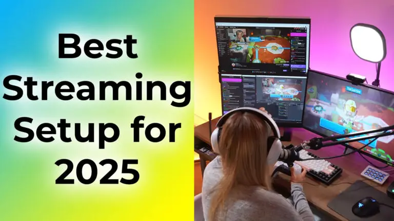 Best streaming setup with camera, lights, and mic on desk.
