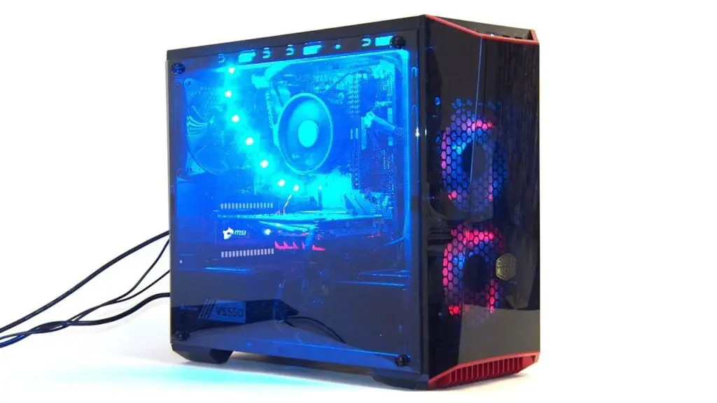 Budget streaming PC with RGB lights in a compact case.