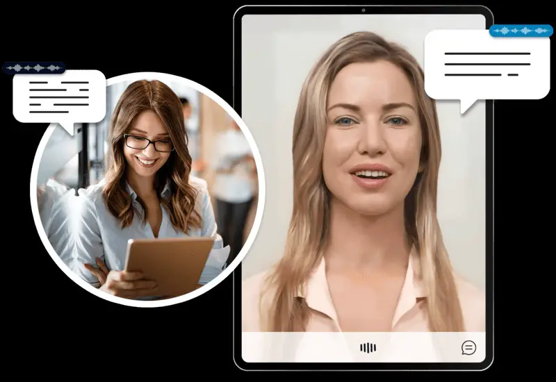 A person interacting with an AI companion avatar on a tablet.