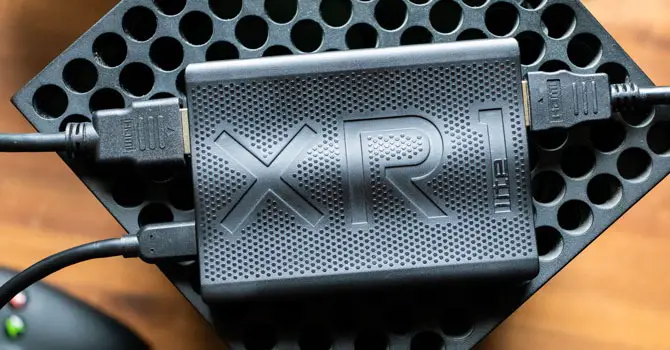 EVGA XR1 Lite capture card connected to a gaming console. budget gaming setup 2025