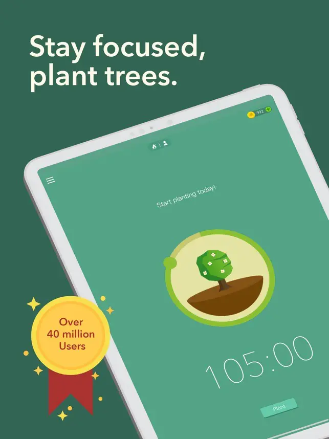 Forest productivity app showing a growing tree during focus time.