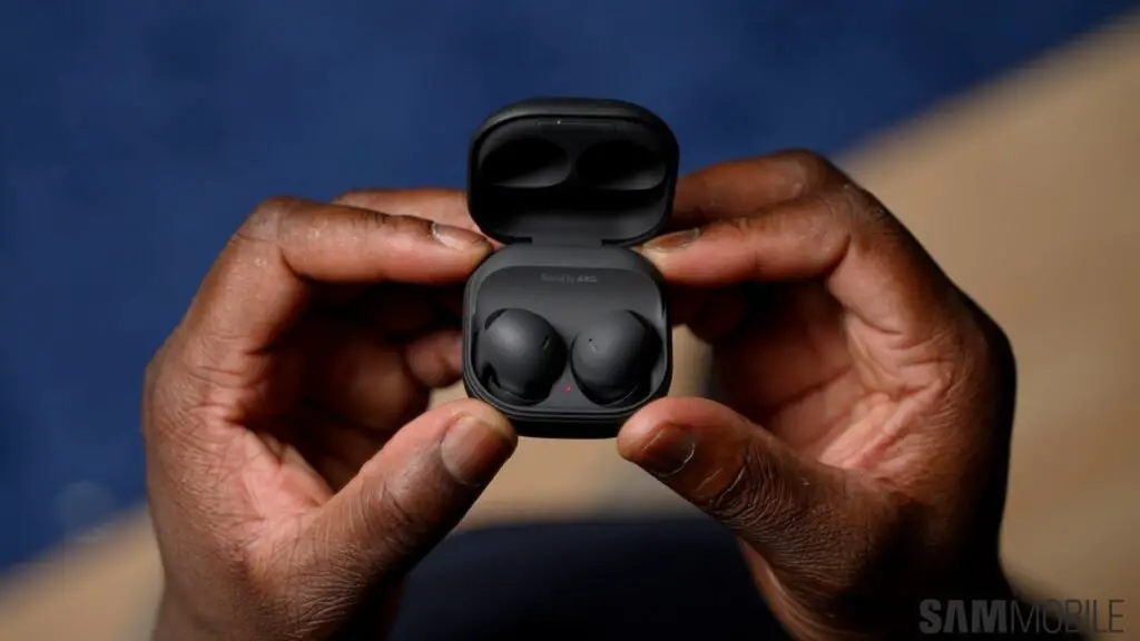 Samsung Galaxy Buds 2 Pro in a purple charging case.