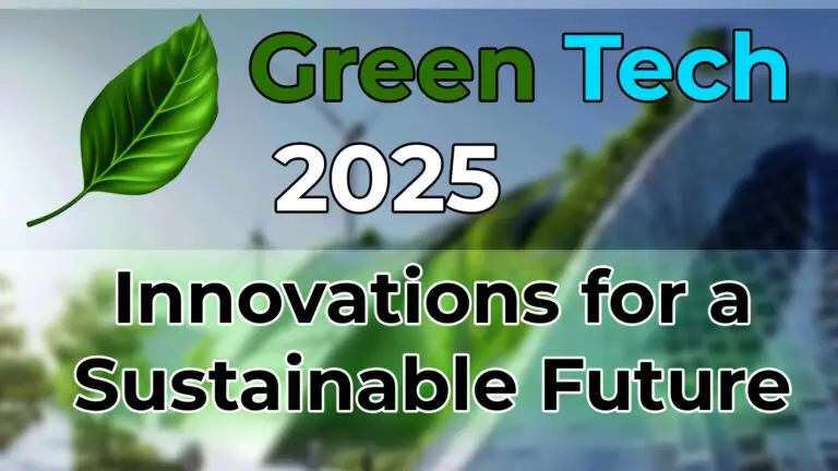 Futuristic sustainable city with Green Tech title