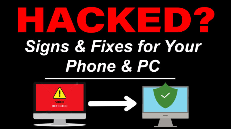 Smartphone and PC with a warning sign indicating a potential hack.
