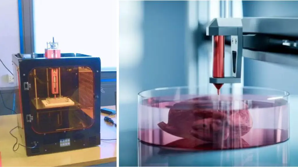 Futuristic hospital with a 3D bioprinter in operation for patient care.