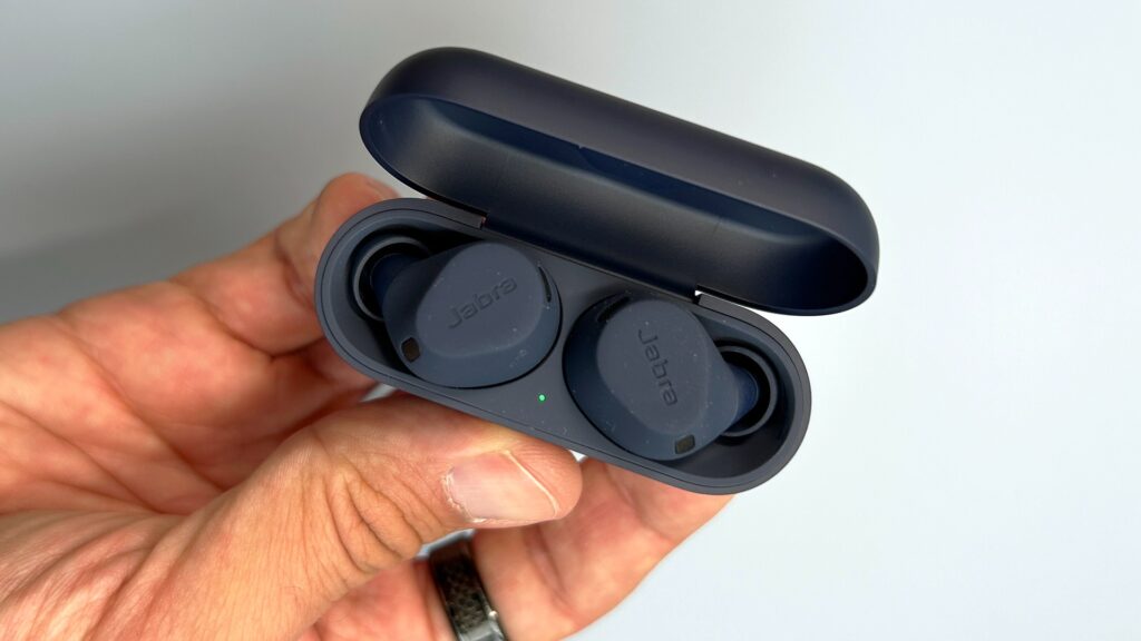 Jabra Elite 8 Active wireless earbuds in blue color.