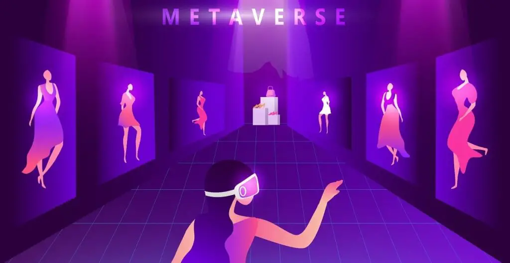 3D rendered metaverse shopping mall with avatars trying on outfits virtually.