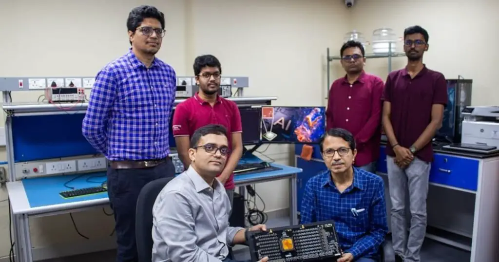 Lab engineers testing neuromorphic hardware prototypes. neuromorphic computing mimicking the human brain