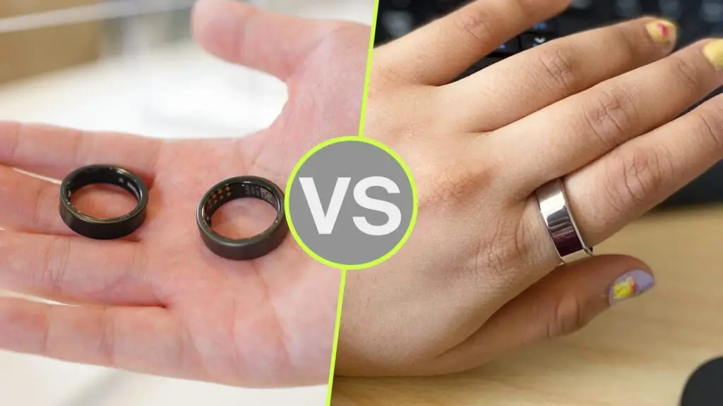 Close-up of a hand wearing the Oura and Samsung Galaxy Ring
