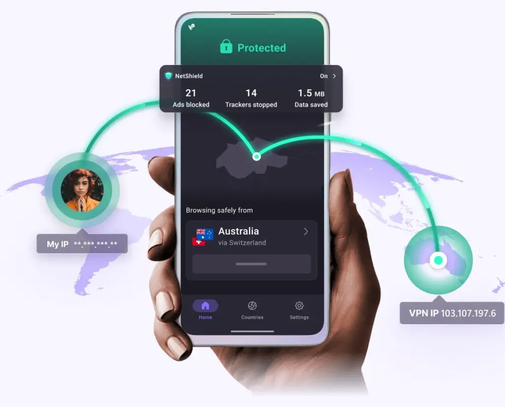 ProtonVPN app interface showing secure connection settings.