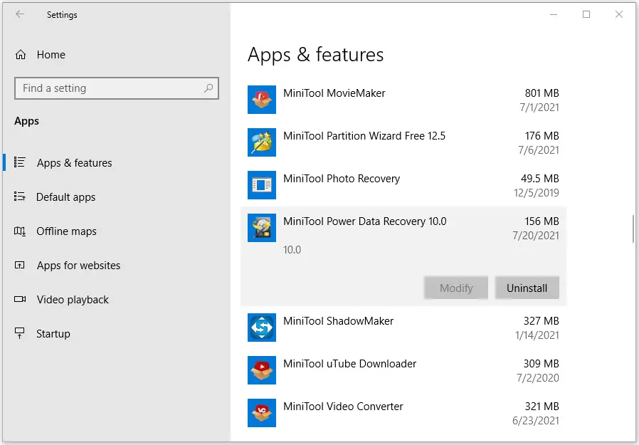 Windows program remove apps and features