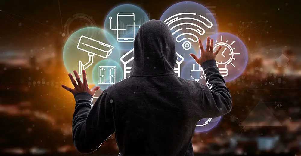 Illustration of hacker attempting to break into a smart home network.