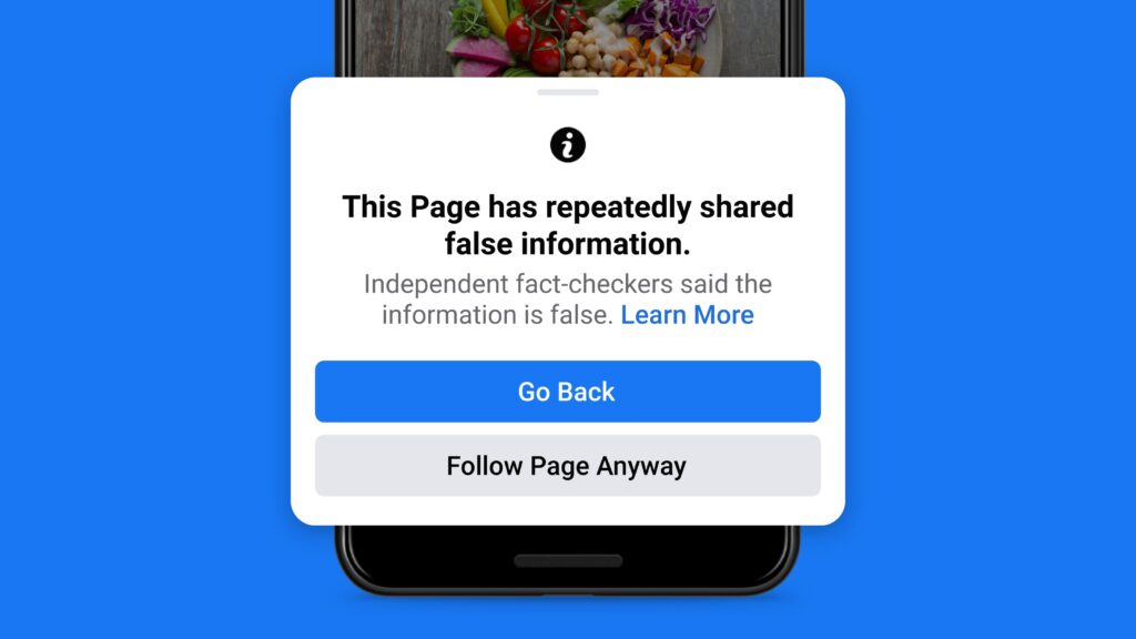 Facebook alerting a page that spreads misinformation. disinformation security ai-generated fake news