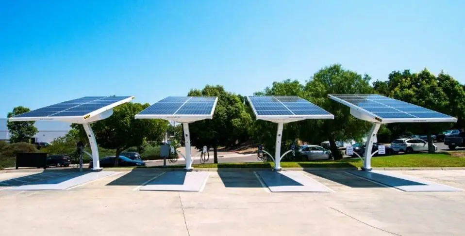 Electric cars charging at a solar-powered EV station in 2025. Green technology 2025