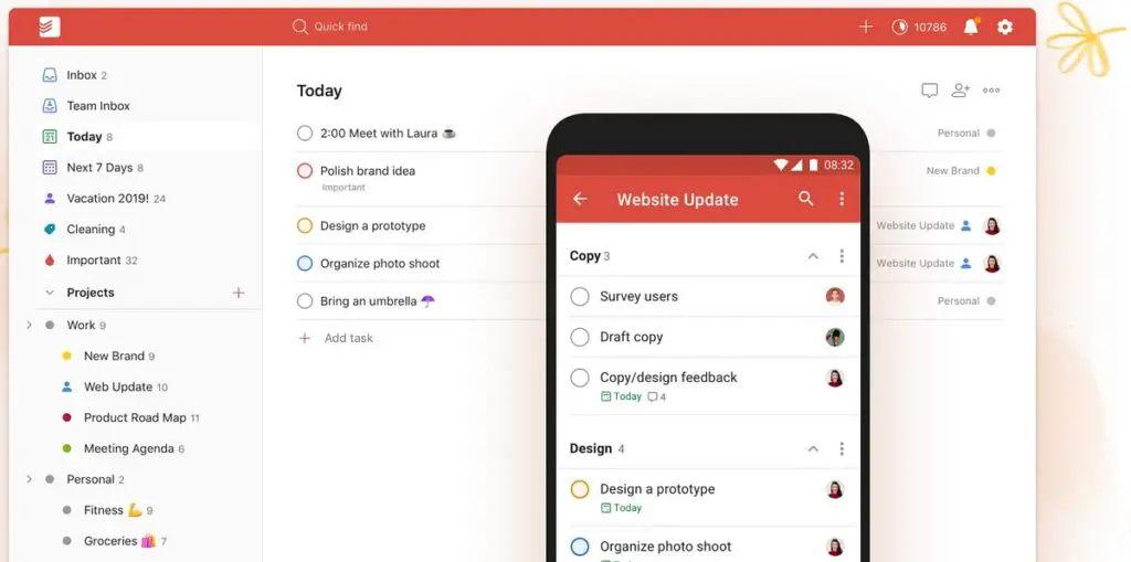 Todoist app open on a smartphone showing a task list.