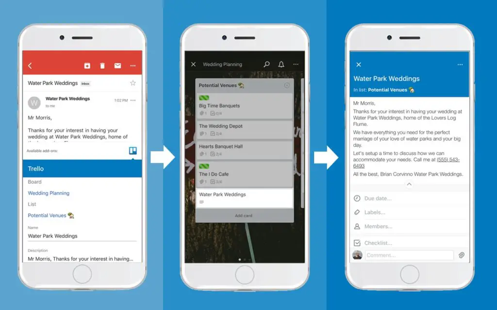 Trello app showing board for wedding planning