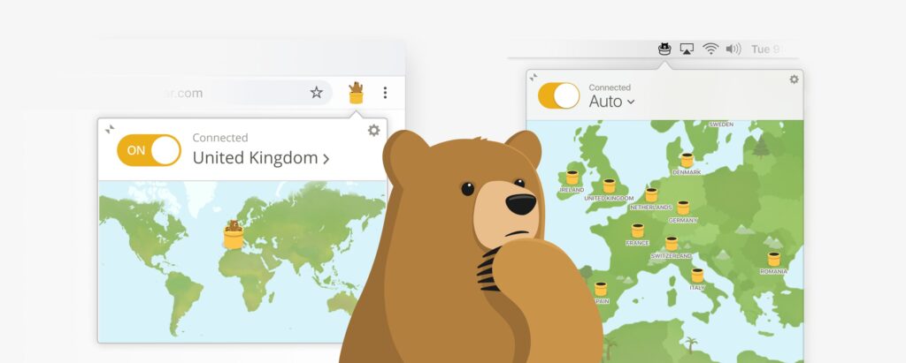 TunnelBear VPN app interface with animated bear tunneling to a secure connection.