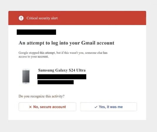 Email notification about an unauthorized login attempt.