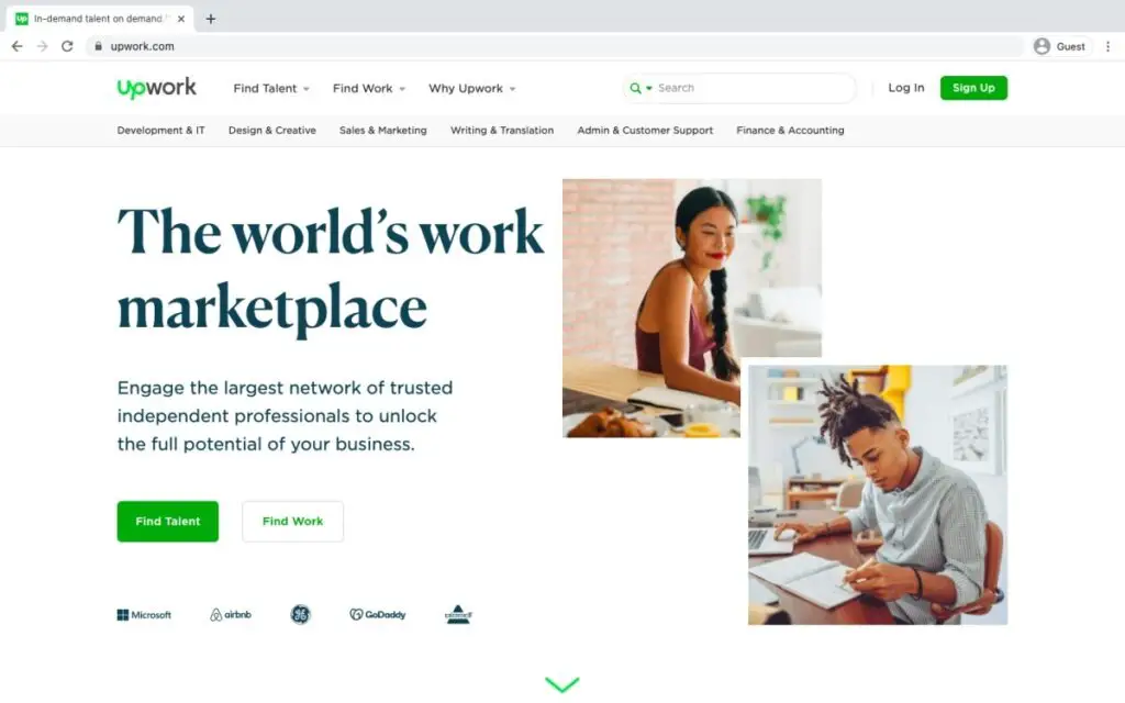 Upwork homepage open in a desktop browser. freelance web developer 2025