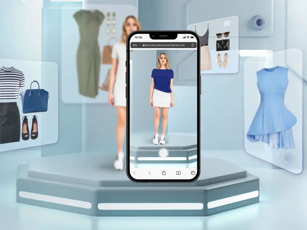 A shopper using a smartphone to try on clothes virtually with AR.