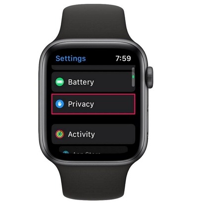 Wearable device showing privacy and data control options.