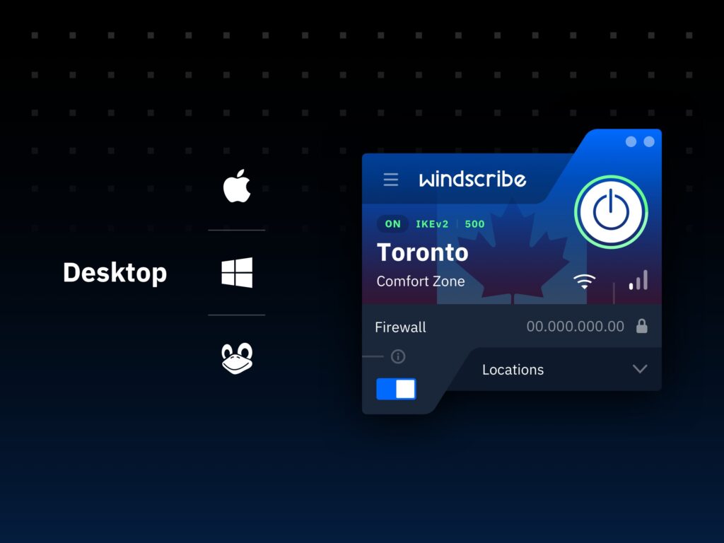 Windscribe VPN dashboard displaying available server locations.
