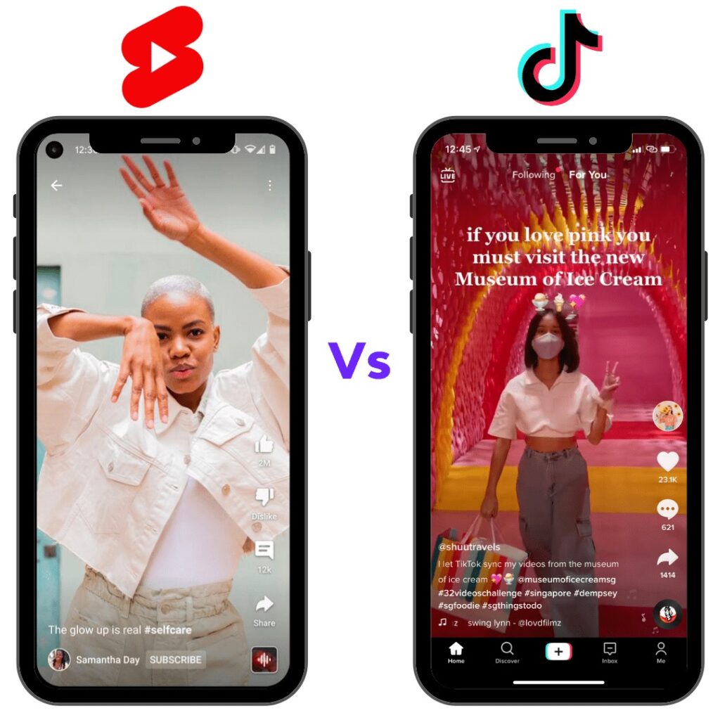 YouTube Shorts and TikTok video content side-by-side comparison.