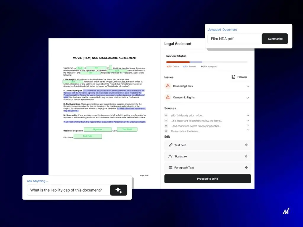AI legal assistant reviewing legal documents on a screen.